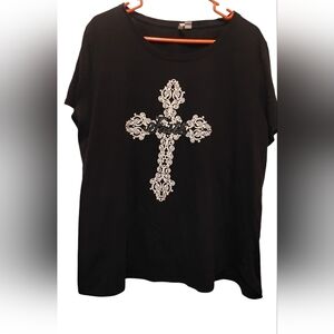 Black Women's Short Sleeve Tee with Ornate White Cross